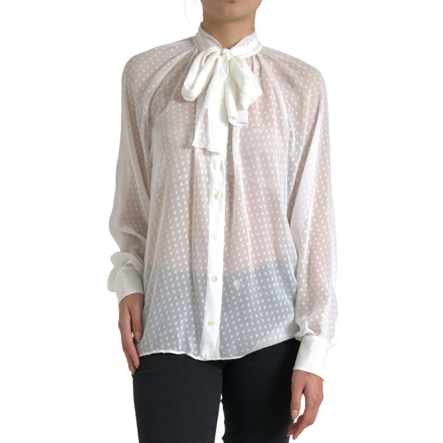 Dolce & Gabbana White Silk Sheer Tied Neck Polka Dots Blouse