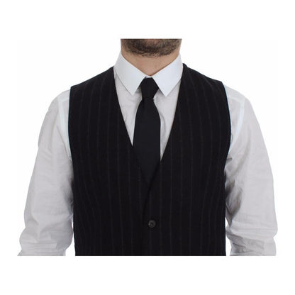 Dolce & Gabbana Black Striped Wool Logo Vest Gilet Weste