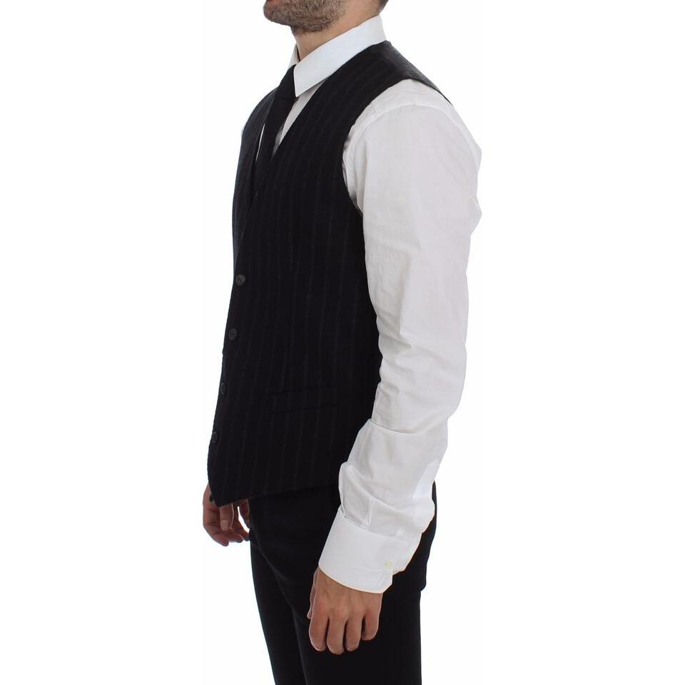 Dolce & Gabbana Black Striped Wool Logo Vest Gilet Weste