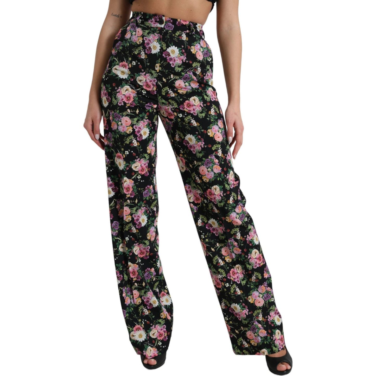 Dolce & Gabbana Black Floral Wool High Waist Wide Leg Pants