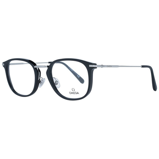 Omega Black Men Glasses Frame, full-rim style with metal and plastic material, demo lenses, and branded case included.