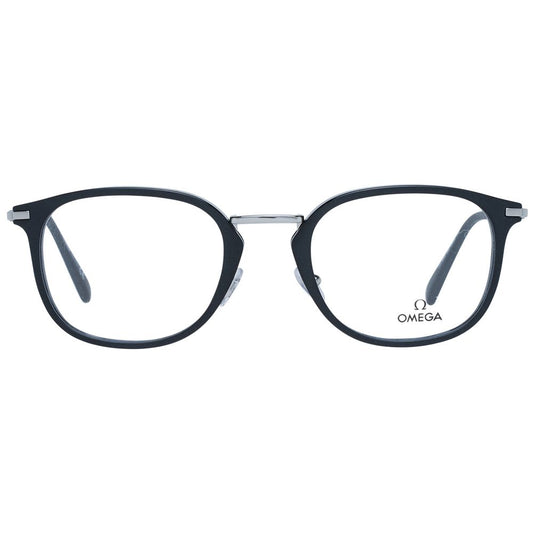 Omega Black Men Glasses Frame with black full-rim metal and plastic frame, demo lenses, and branded case, size 52-22-145.
