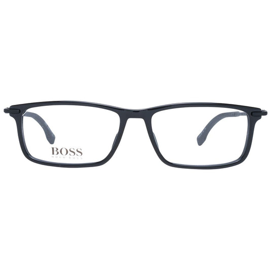 Hugo Boss Black Men Glasses Frame, full-rim rectangle style with black plastic frame, demo lenses. Size: 55-11-145.
