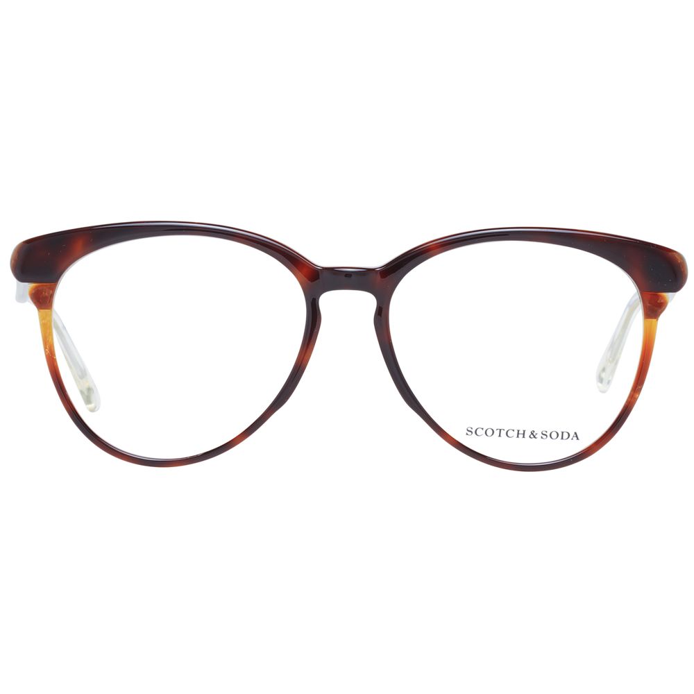 Scotch & Soda Brown Women Glasses Frame with full-rim plastic design and round style, color brown, model for women, size 55-16-140.