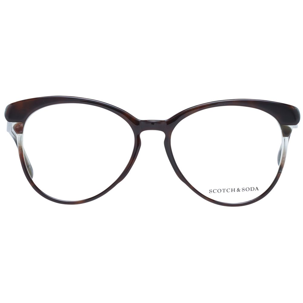 Alt Tag: Scotch & Soda Brown Women Glasses Frame, full-rim plastic, round style with demo lenses, size 55-16-140, includes branded case.