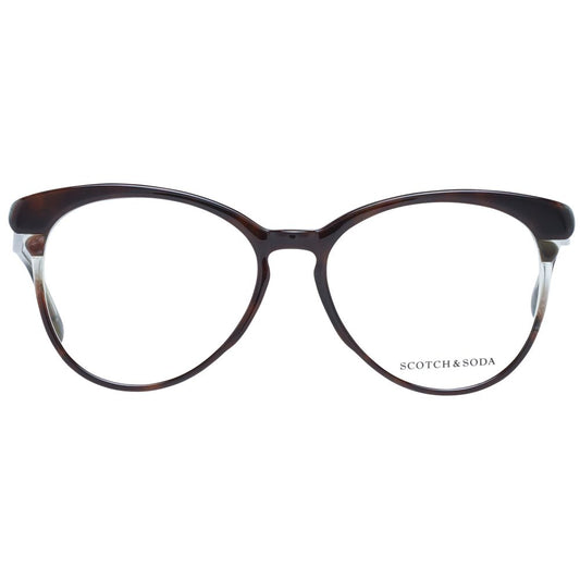 Alt Tag: Scotch & Soda Brown Women Glasses Frame, full-rim plastic, round style with demo lenses, size 55-16-140, includes branded case.