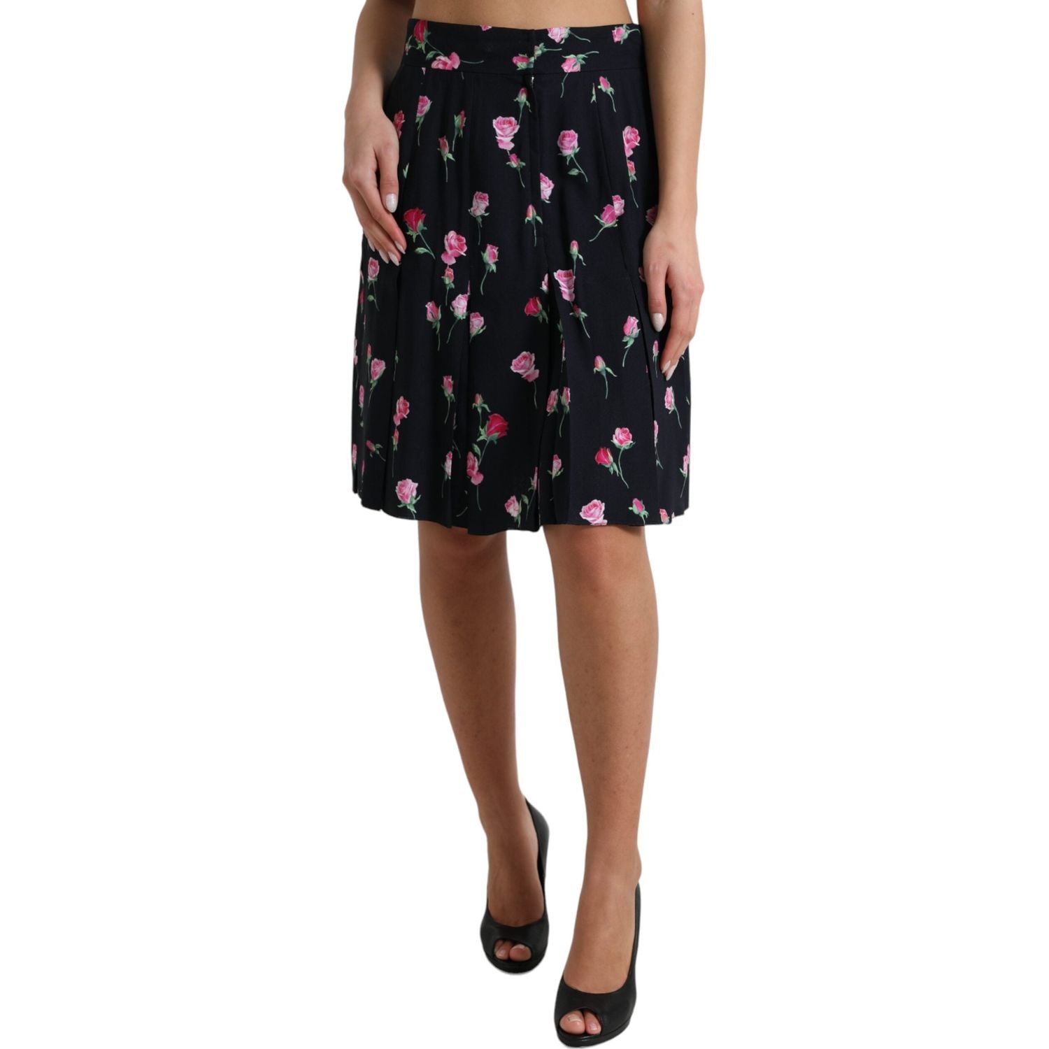 Dolce & Gabbana Black Rose High Waist A-line Knee Length Skirt