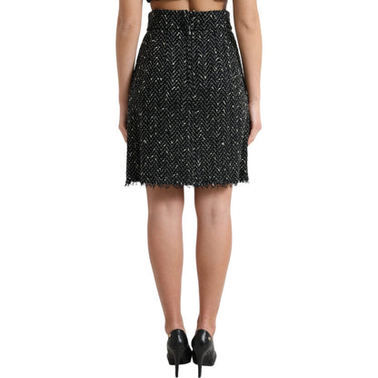 Dolce & Gabbana Black Wool Knit Tweed High Waist Mini Skirt