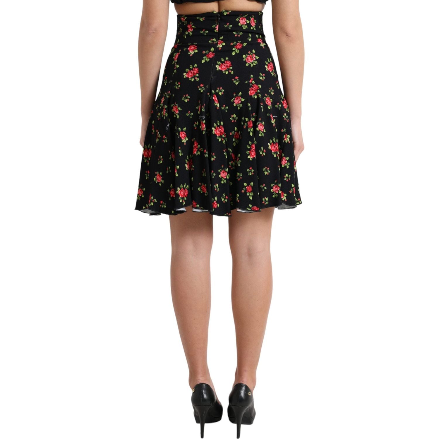 Dolce & Gabbana Black Rose Print High Waist A-line Mini Skirt