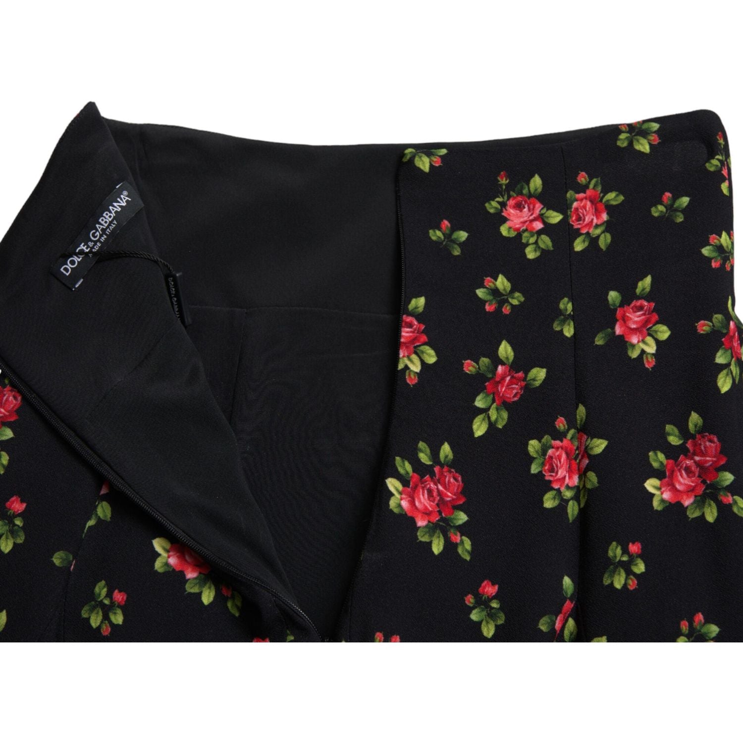 Dolce & Gabbana Black Rose Print High Waist A-line Mini Skirt