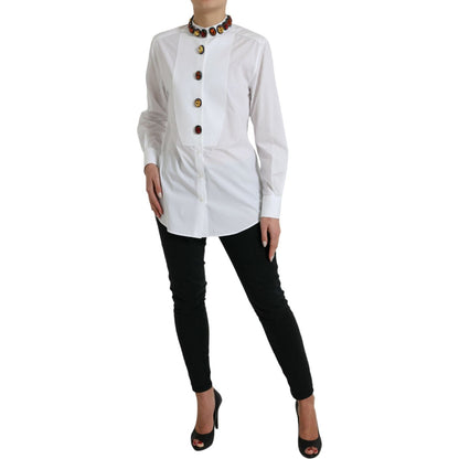 Dolce & Gabbana White Cotton Crystals Embellished Shirt Top