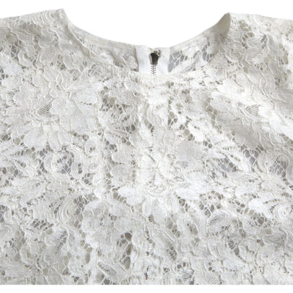 Dolce & Gabbana White Floral Lace Cotton Round Neck Blouse Top