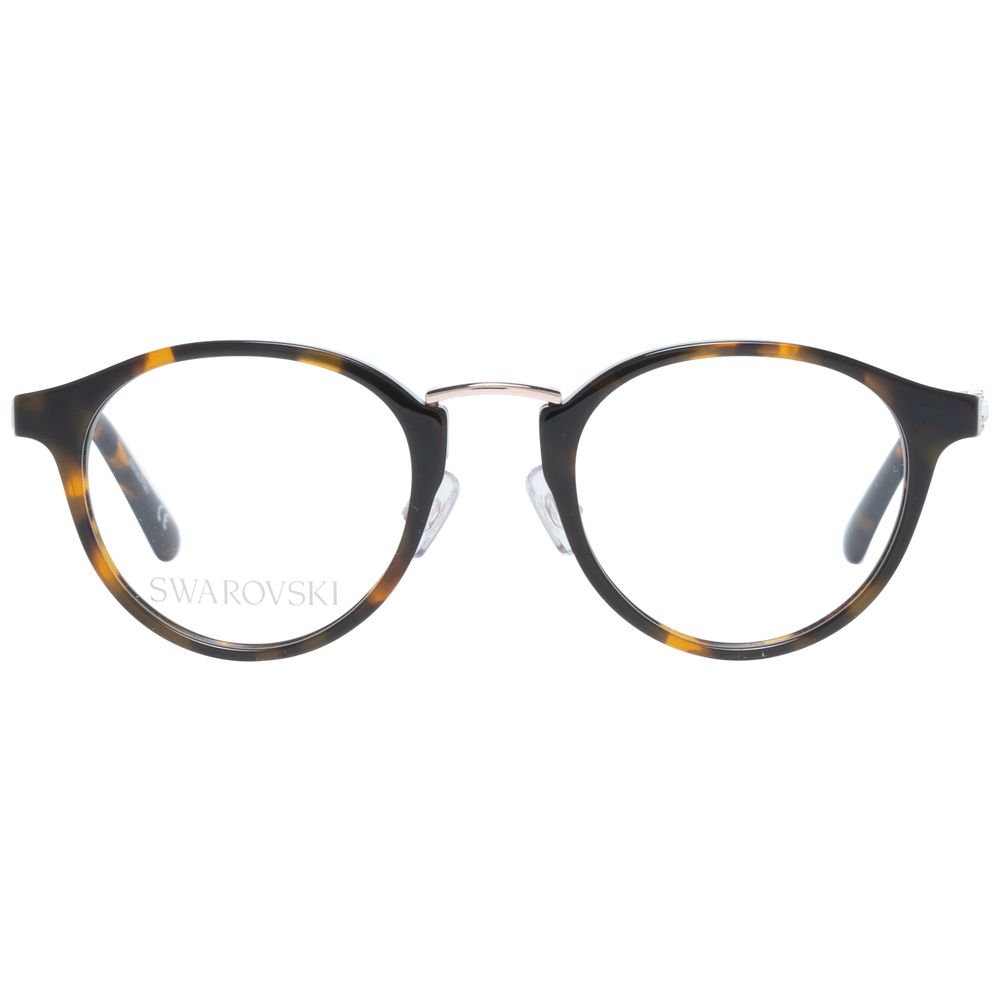 Swarovski Brown Women Glasses Frame with plastic full-rim oval style and demo lenses, includes branded case, no spring hinge.