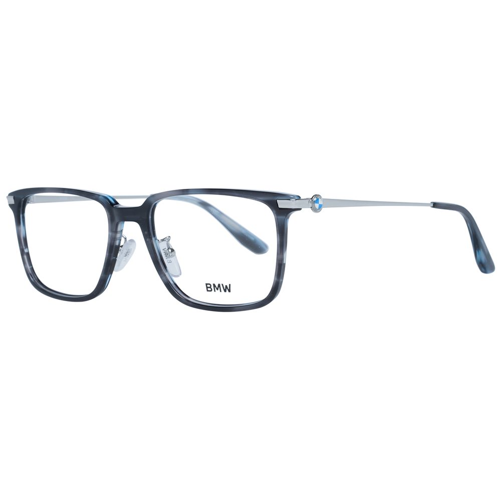 BMW Gray Men Glasses Frame with full-rim plastic design, rectangular shape, and demo lenses. Comes with branded case. Size 54-18-150.