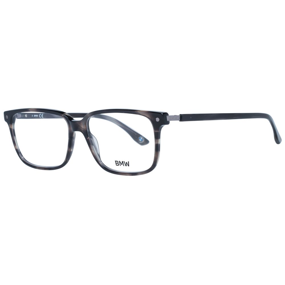 BMW Gray Men Glasses Frame, full-rim plastic with grey rectangle design, size 56-15-145, includes branded case.
