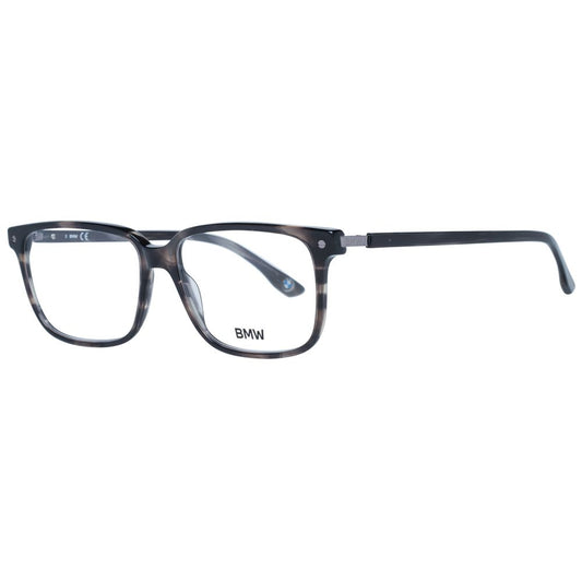 BMW Gray Men Glasses Frame, full-rim plastic with grey rectangle design, size 56-15-145, includes branded case.