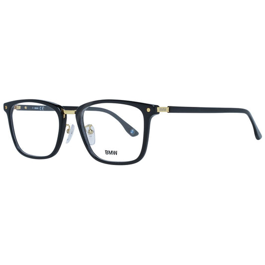 BMW Black Men Glasses Frame, black plastic full-rim rectangle design with branded demo lenses, size 55-19-145, includes branded case.