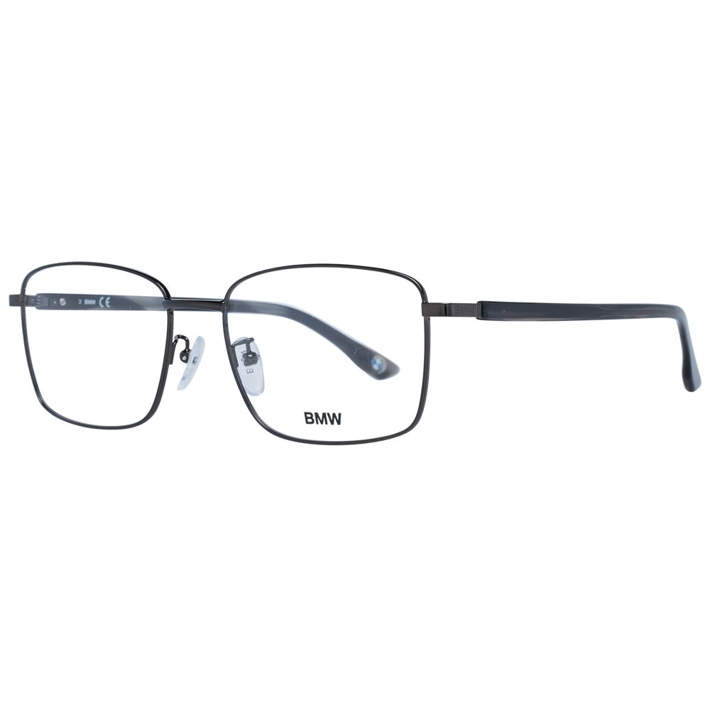 BMW Gray Men Glasses Frame in gunmetal with full-rim rectangle style and branded case, metal frame, demo lenses, size 56-18-145.