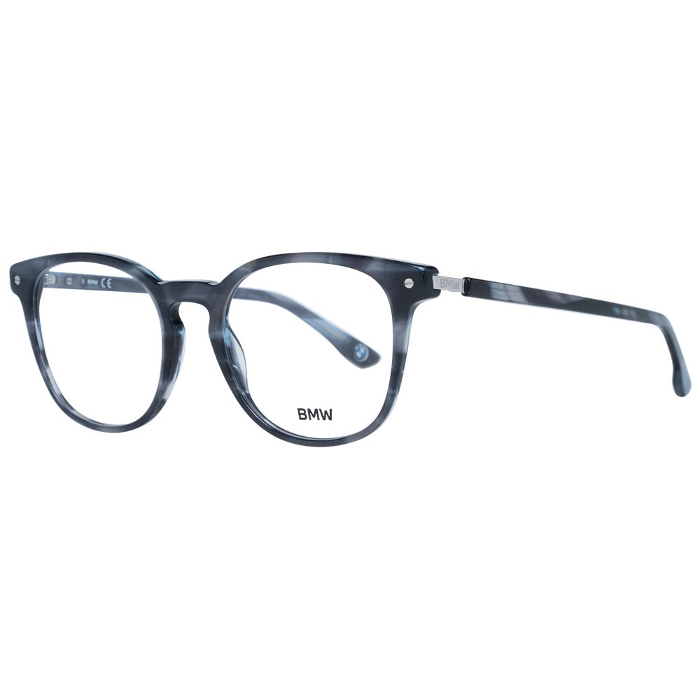 BMW Gray Men Glasses Frame, gray full-rim plastic round eyeglasses with demo lenses and branded case for men.