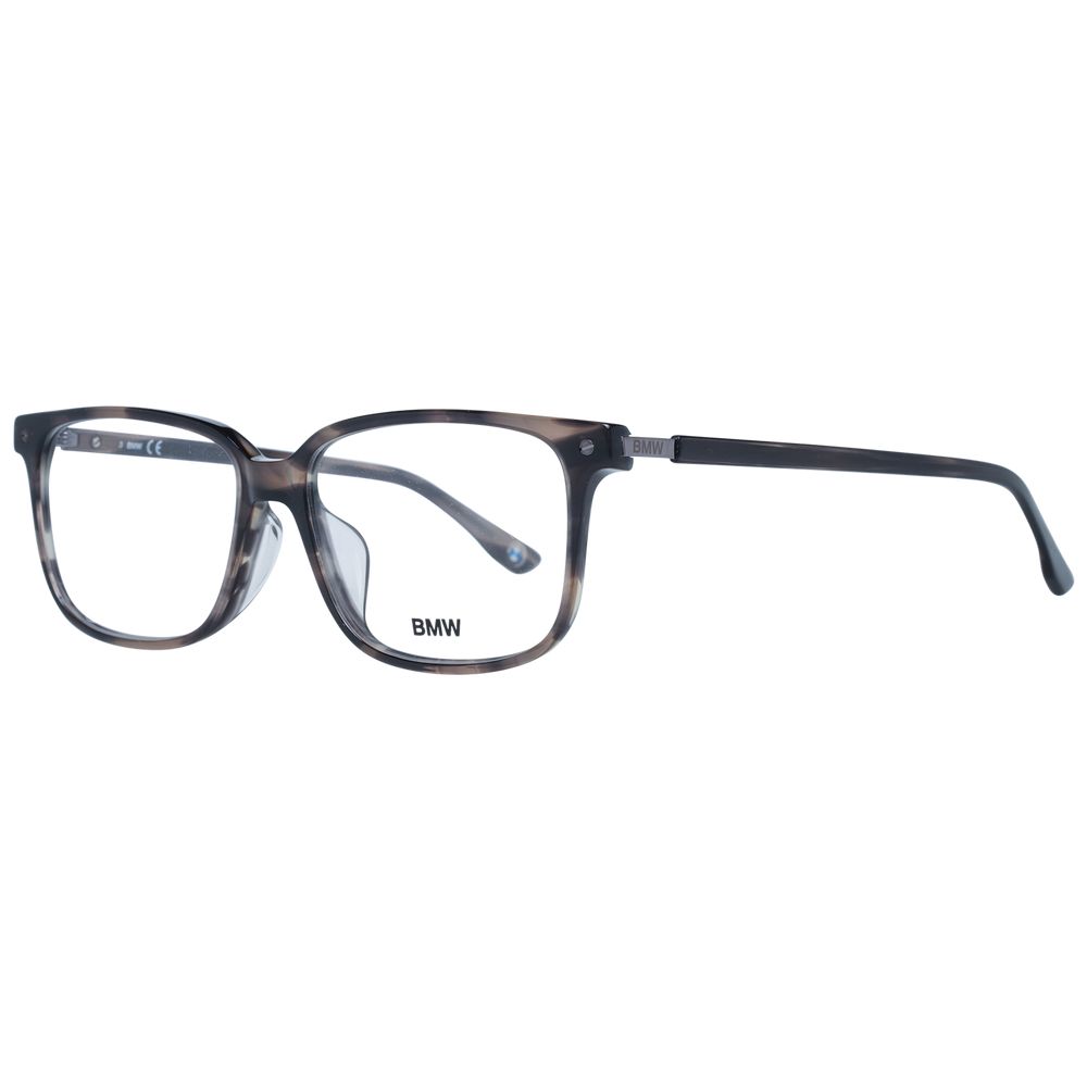 BMW Gray Men Glasses Frame full-rim rectangle plastic with demo lenses, 56-15-145 size. Includes branded case, no extra features.