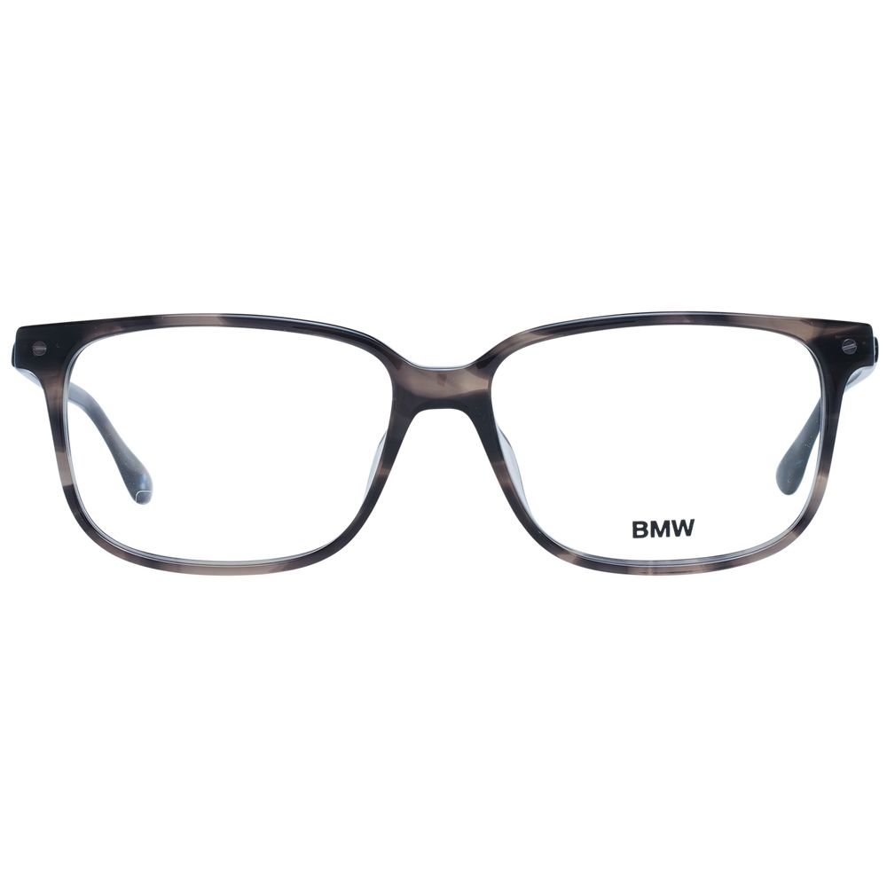 BMW Gray Men Glasses Frame in full-rim grey plastic with demo lenses, size 56-15-145, rectangular style, includes branded case.