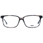 BMW Gray Men Glasses Frame in full-rim grey plastic with demo lenses, size 56-15-145, rectangular style, includes branded case.