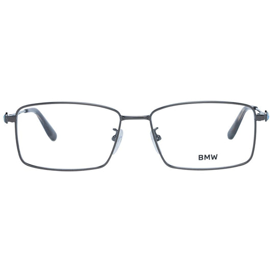 BMW Gray Men Glasses Frame in gunmetal full-rim metal for men, demo lenses, trapezium style, size 57-16-150.
