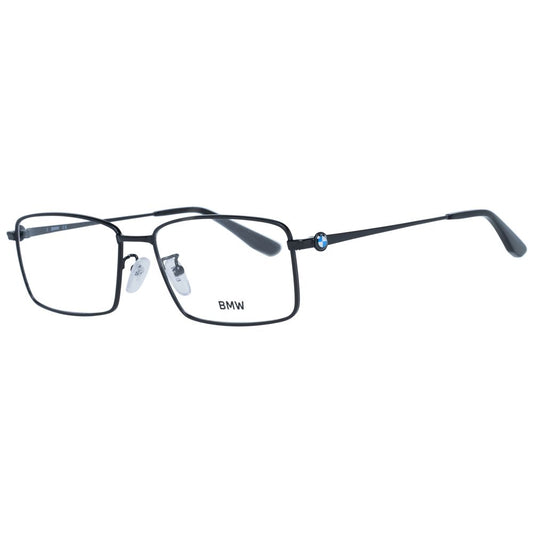 BMW Black Men Glasses Frame, full-rim rectangular metal frame with demo lenses, lens width 57mm, includes branded case.