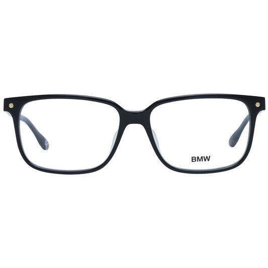 BMW Black Men Glasses Frame, full-rim rectangle style with black plastic frame, demo lenses, size 56-15-145, includes branded case.