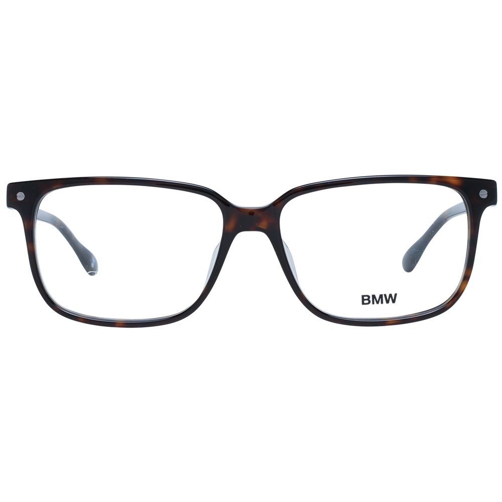 BMW Brown Men Glasses Frame with rectangle full-rim style, plastic material, and demo lenses, suitable for men, in a branded case.