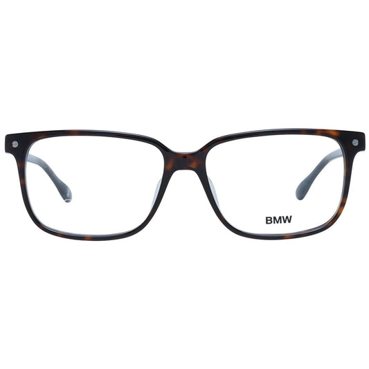 BMW Brown Men Glasses Frame with rectangle full-rim style, plastic material, and demo lenses, suitable for men, in a branded case.