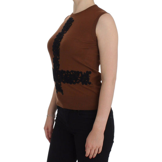 Dolce & Gabbana Brown Wool Black Lace Vest Sweater Top SIG13245-1
