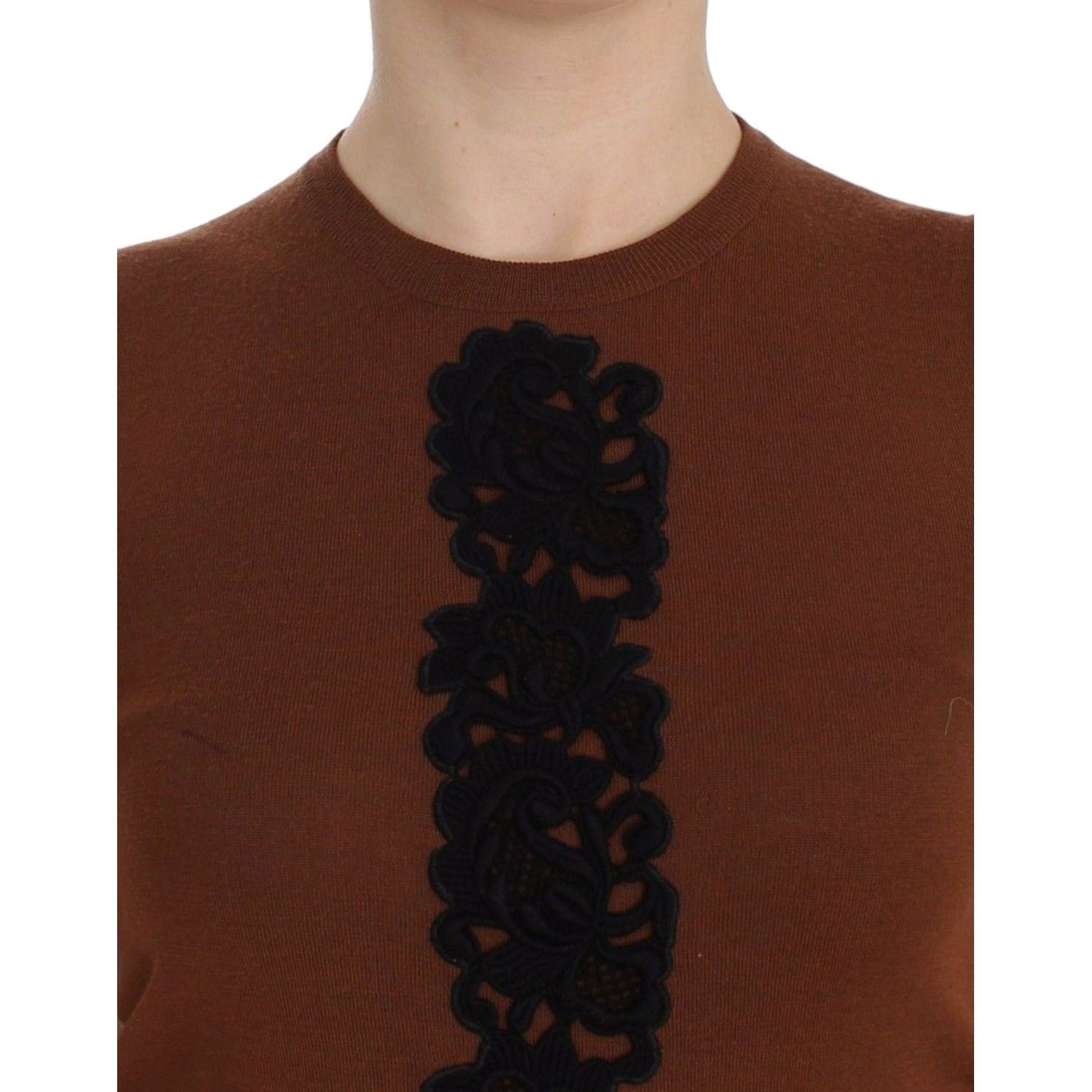 Dolce & Gabbana Brown Wool Black Lace Vest Sweater Top