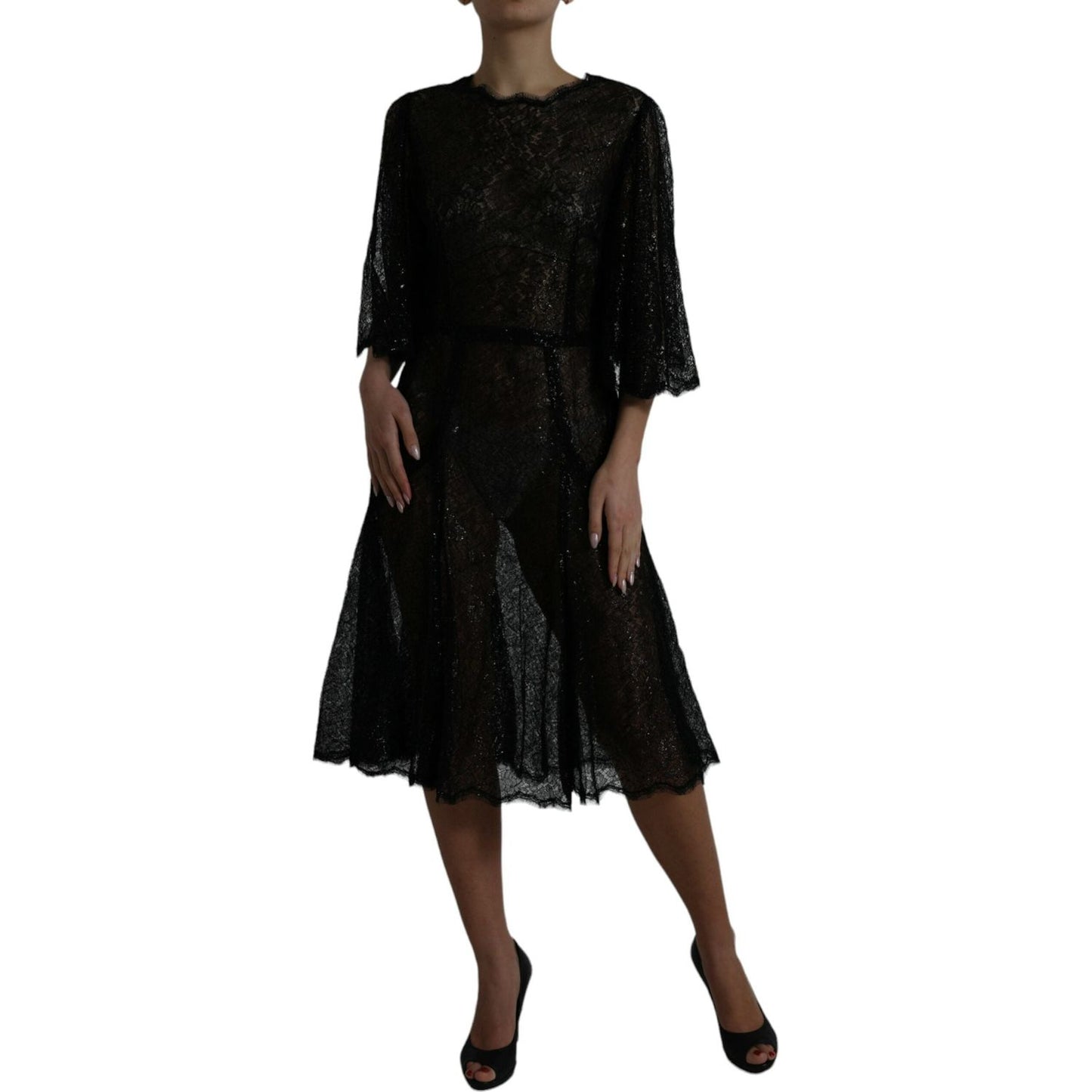 Dolce & Gabbana Black Floral Lace Sheer A-line Midi Dress
