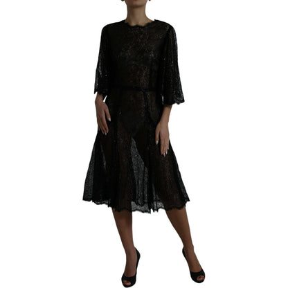Dolce & Gabbana Black Floral Lace Sheer A-line Midi Dress