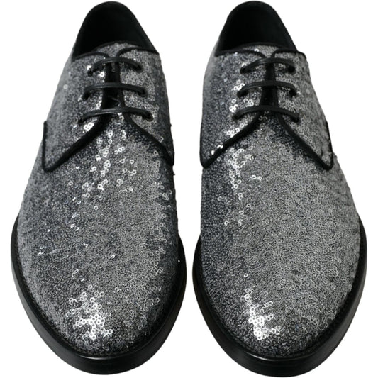 Dolce & Gabbana Silver Sequined Lace Up Men Derby Dress Shoes MV5392-39