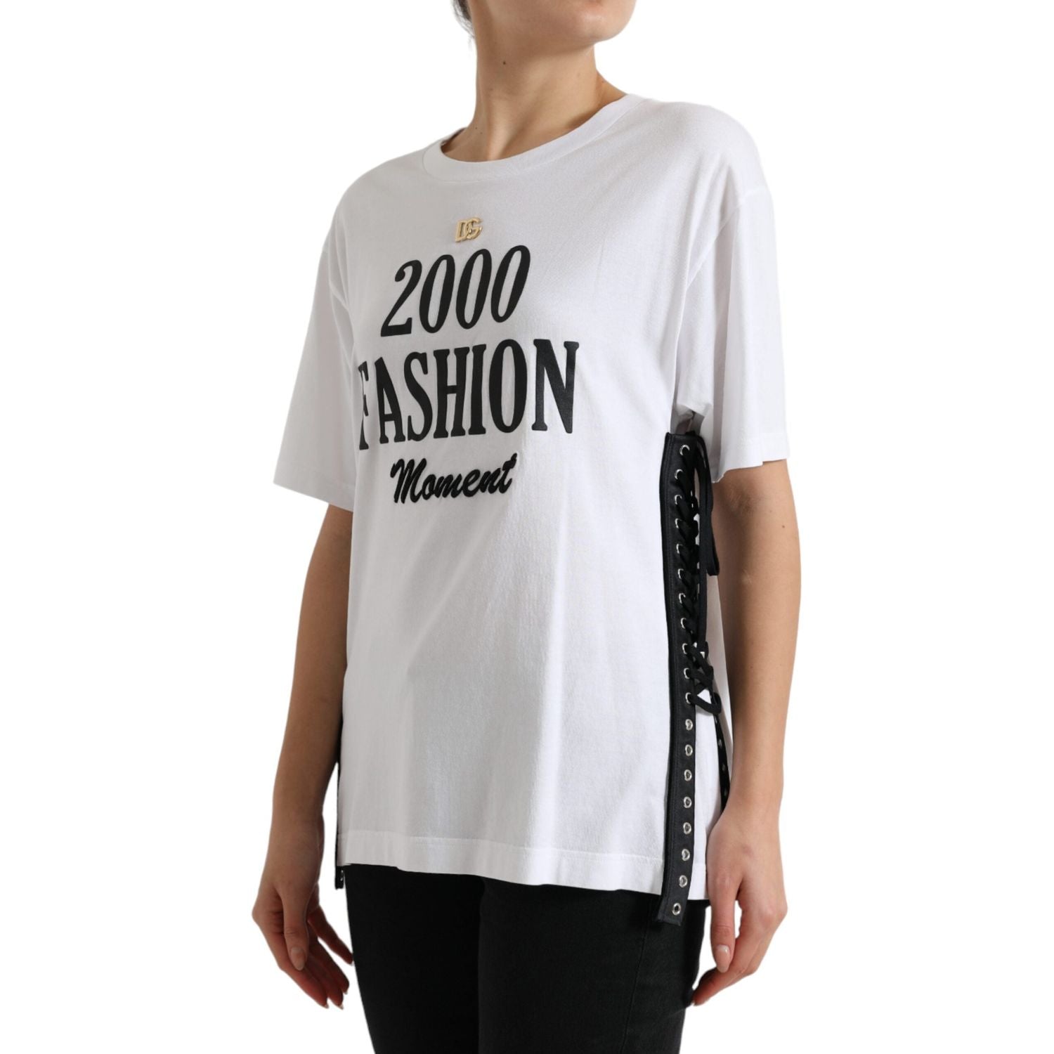 Dolce & Gabbana White Slogan Print Lacing Detailed T-shirt