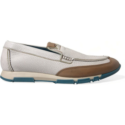 Dolce & Gabbana White Brown Leather Slip On Men Moccasin Shoes