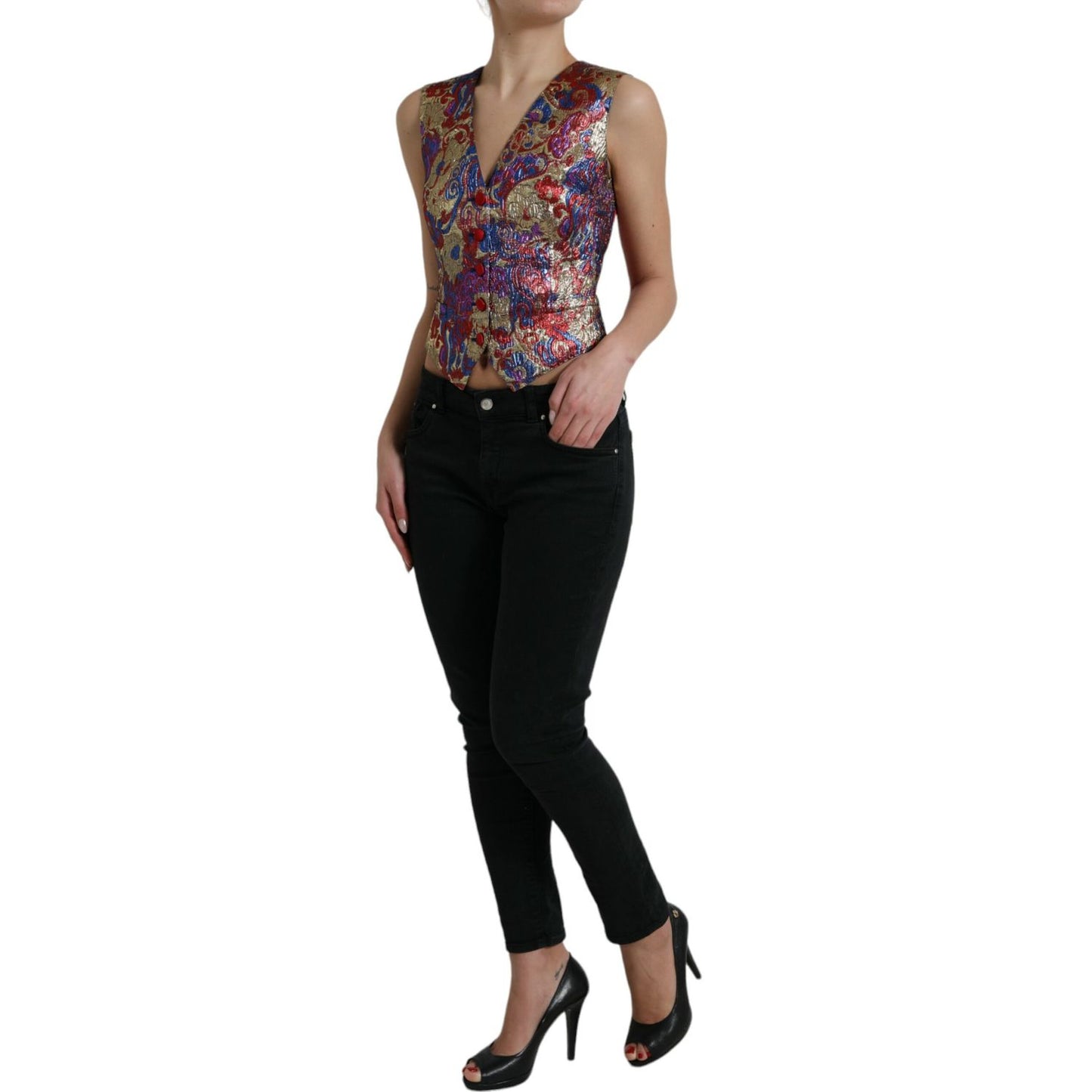 Dolce & Gabbana Multicolor Jacquard Button Waistcoat Vest Top