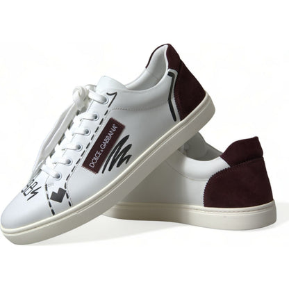 Dolce & Gabbana White Bordeaux Leather Logo Low Top Sneakers Shoes