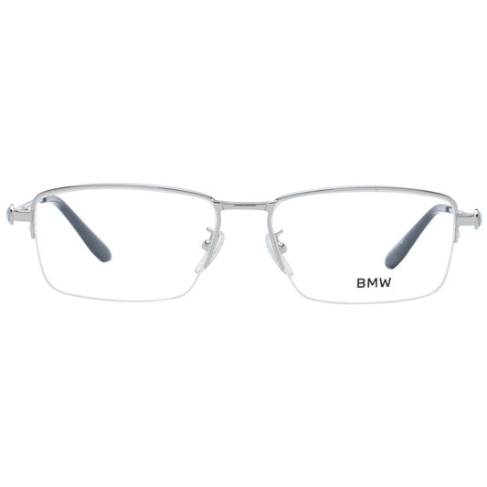 BMW Silver Men Glasses Frame with metal half-rim and rectangle style, 56 lenses width, includes branded case.