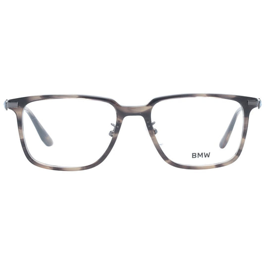 "BMW Gray Men Glasses Frame featuring grey plastic full-rim rectangle style, size 54-18-150 with demo lenses, includes branded case."