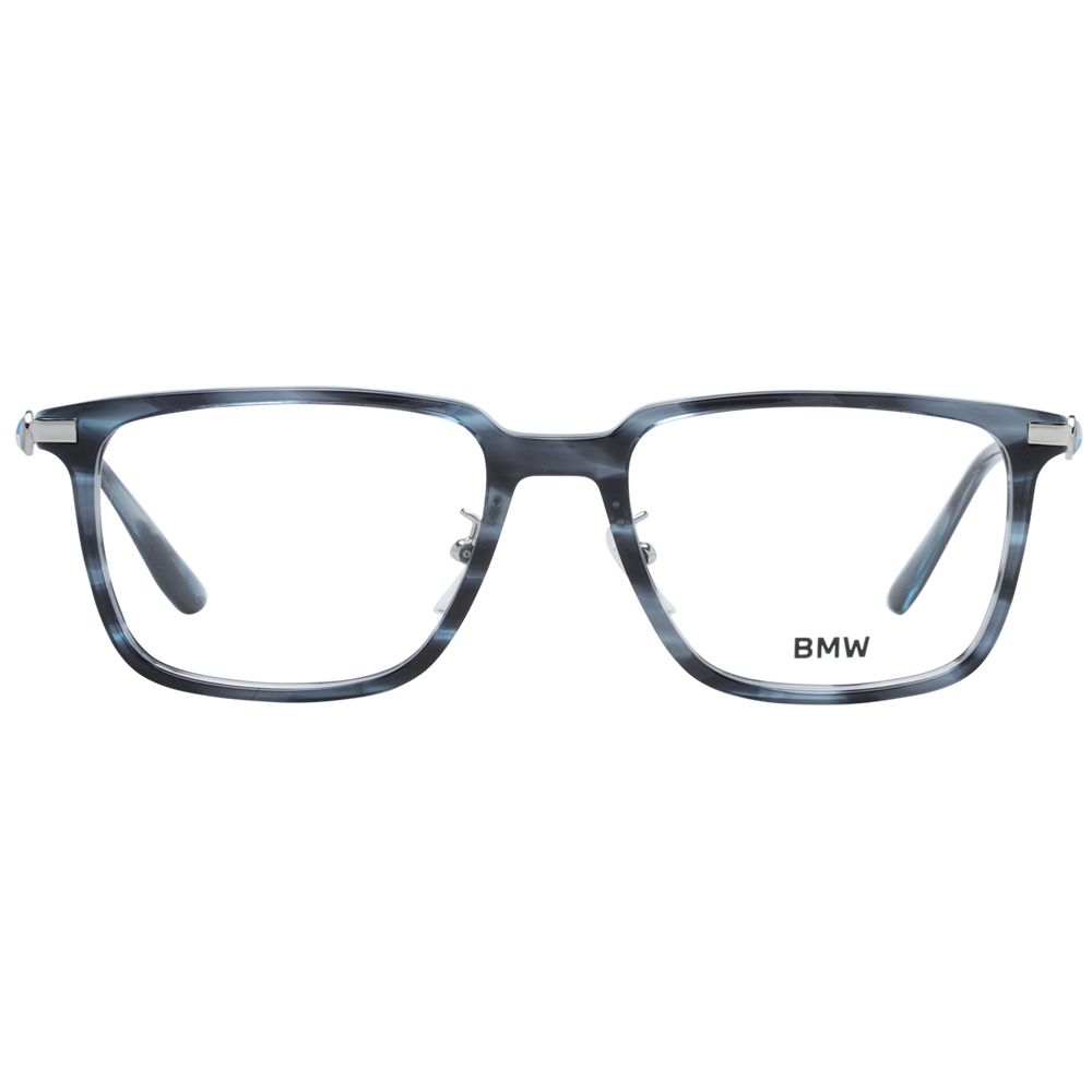 BMW Blue Men Glasses Frame in full-rim blue plastic with rectangular style and demo lenses, size 54-18-150, includes branded case.