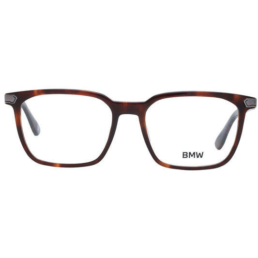 BMW Brown Men Glasses Frame with full-rim brown plastic frame and demo lenses, size 53-17-145, includes branded case.