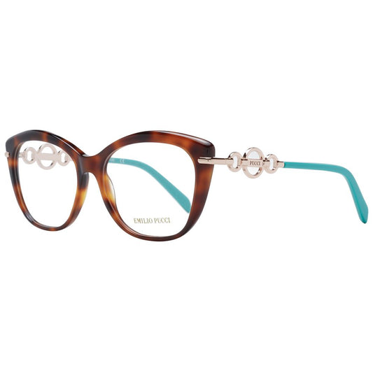 Emilio Pucci Brown Women Glasses Frame, butterfly style full-rim, brown plastic frame with demo lenses, 55-16-140 size.
