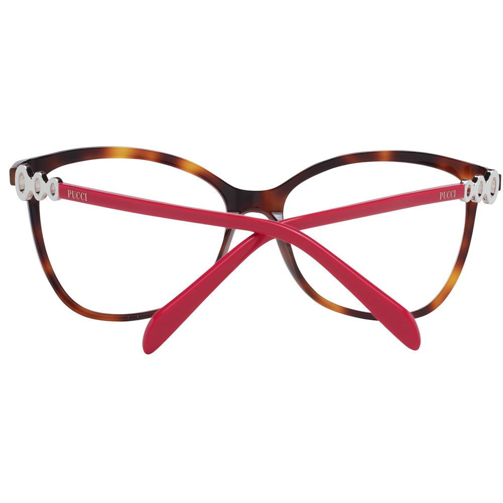 Emilio Pucci Brown Women Glasses Frame, full-rim plastic cat-eye style, demo lenses, 140mm temple length, includes branded case.