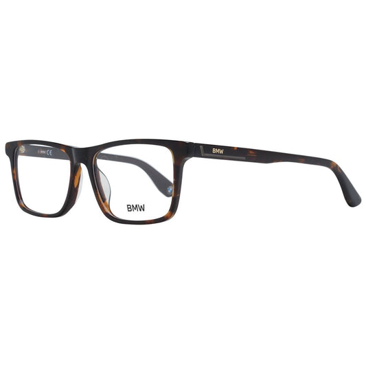 BMW Brown Men Glasses Frame full-rim plastic rectangle design with demo lenses, size 55-16-150, includes branded case.