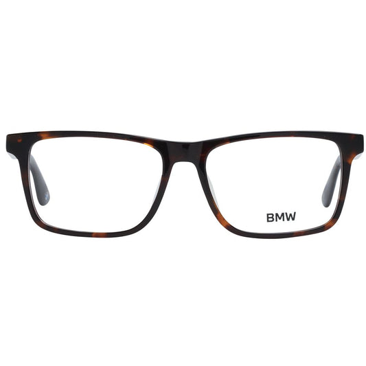 BMW Brown Men Glasses Frame in full-rim rectangular style, plastic material with demo lenses, size 55-16-150, includes branded case.