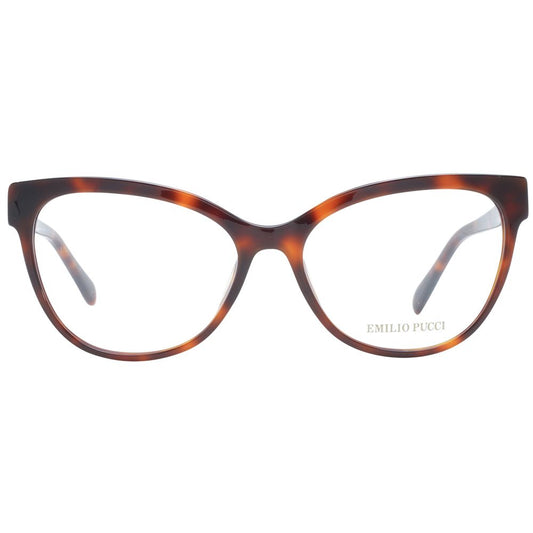 Emilio Pucci Brown Women Glasses Frame in plastic cat eye style with full-rim design, 55-16-140 size, demo lenses, and branded case.