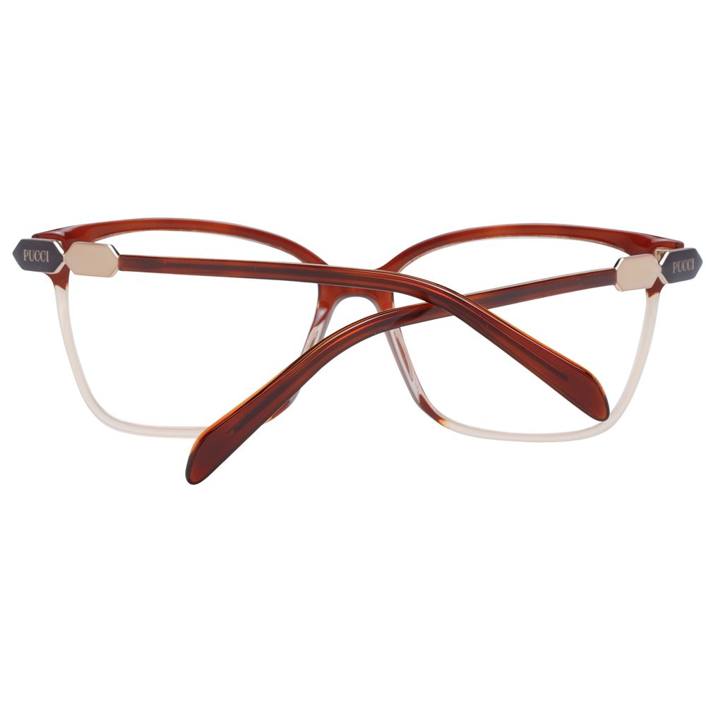 Emilio Pucci Brown Women Glasses Frame, full-rim square style with demo lenses, plastic material, size 55-15-140, includes branded case.